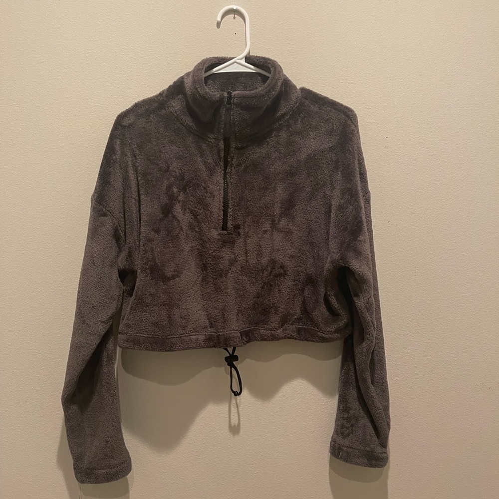 Gray, fuzzy crop-topped jacket from Urban Outfitters!